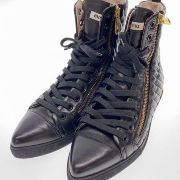 Miu Miu Black Leather Quilted High-Top Sneakers with Gold Details Size EU 40 - Picture 1 of 8